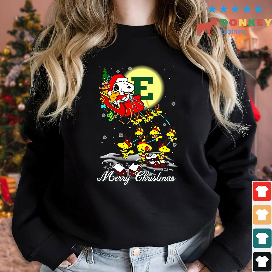 Santa Snoopy And Woodstock Eastern Michigan Eagles Christmas Sweaters